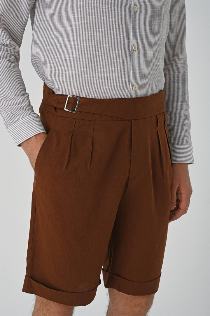 Men's Brown Buckle Detailed Pleated  Shorts - Wessi