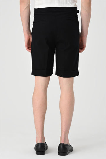 Men's Black Buckle Detailed Pleated  Shorts - Wessi