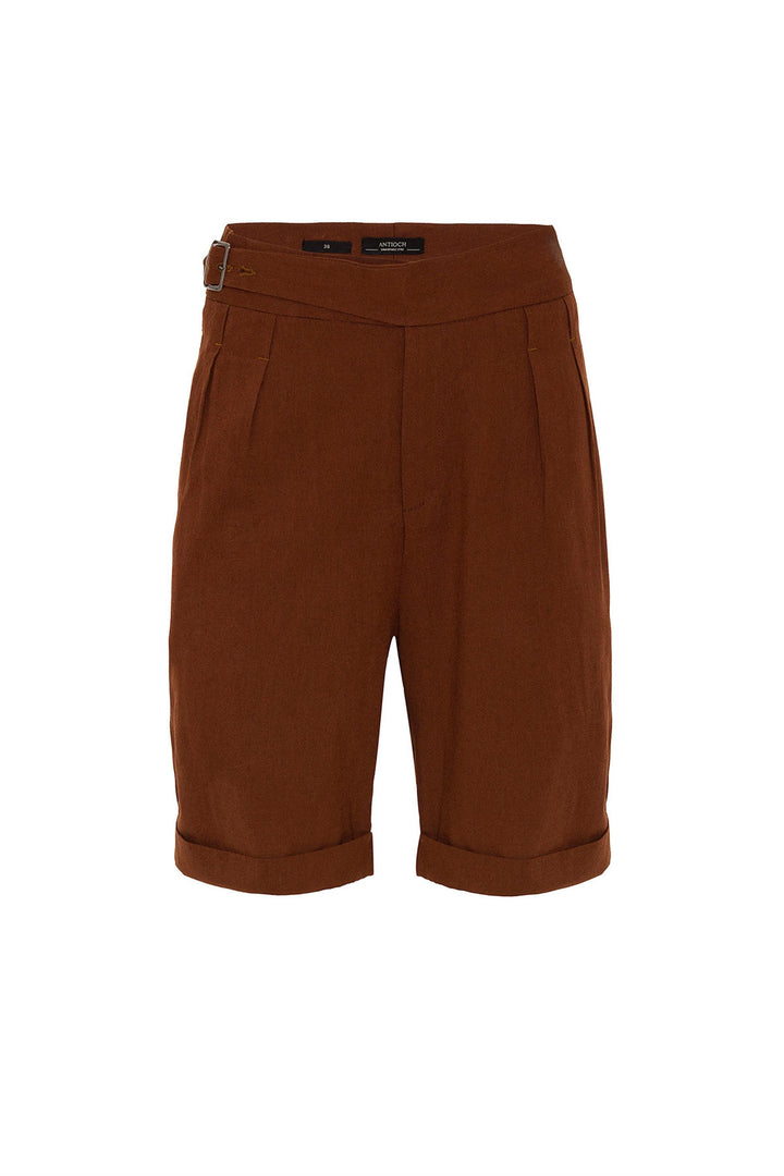 Men's Brown Buckle Detailed Pleated  Shorts - Wessi