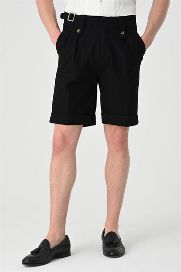 Men's Black Buckle Detailed Pleated  Shorts - Wessi
