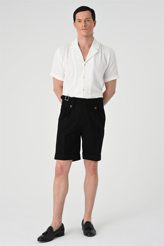 Men's Black Buckle Detailed Pleated  Shorts - Wessi