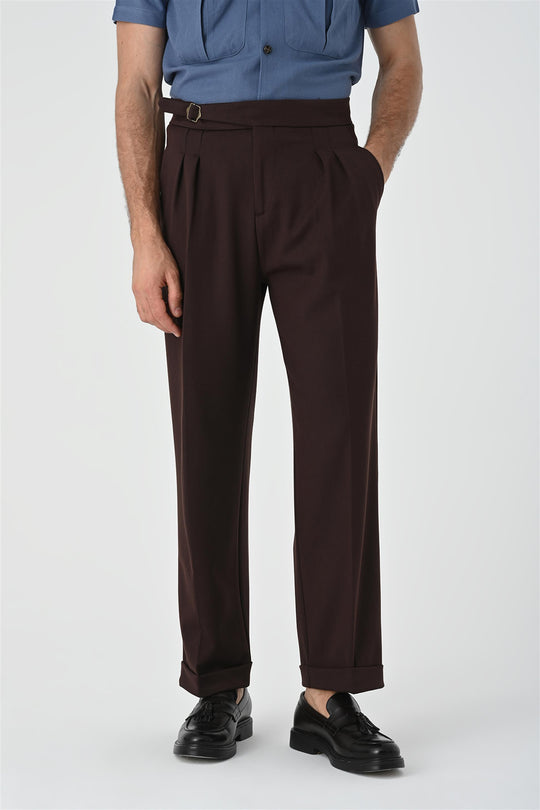 Men's Brown Buckle Detailed Pleated High Waist  Trousers - Wessi