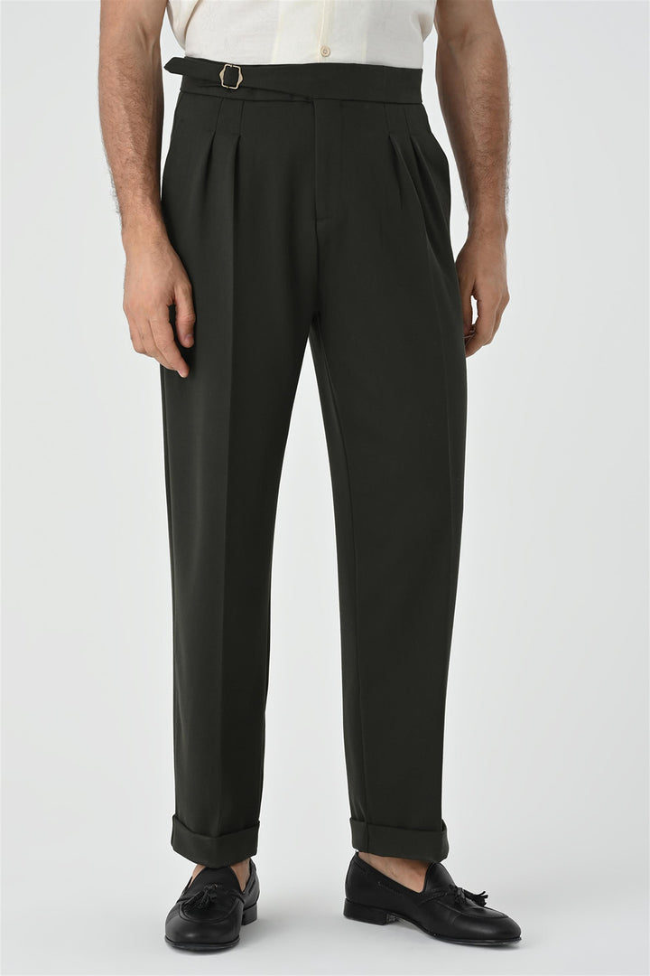 Men's Khaki Buckle Detailed Pleated High Waist  Trousers - Wessi
