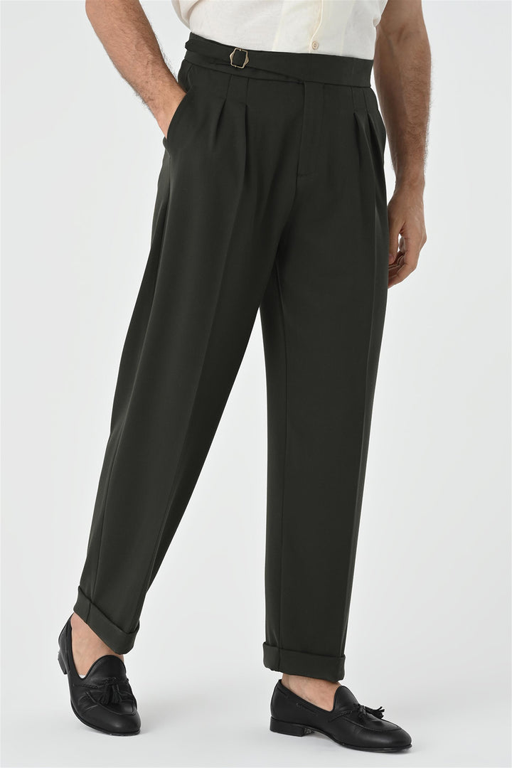 Men's Khaki Buckle Detailed Pleated High Waist  Trousers - Wessi