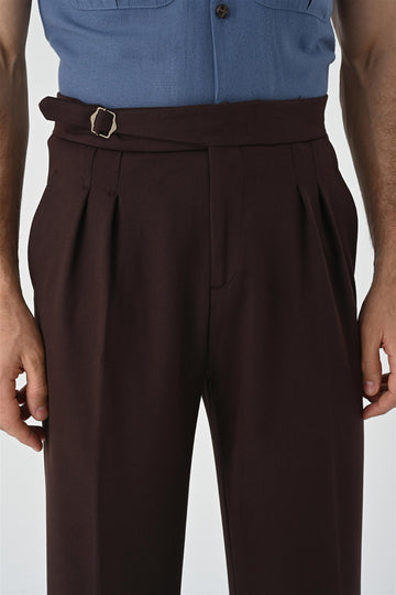 Men's Brown Buckle Detailed Pleated High Waist  Trousers - Wessi