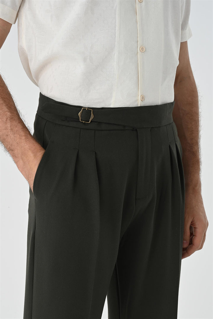 Men's Khaki Buckle Detailed Pleated High Waist  Trousers - Wessi