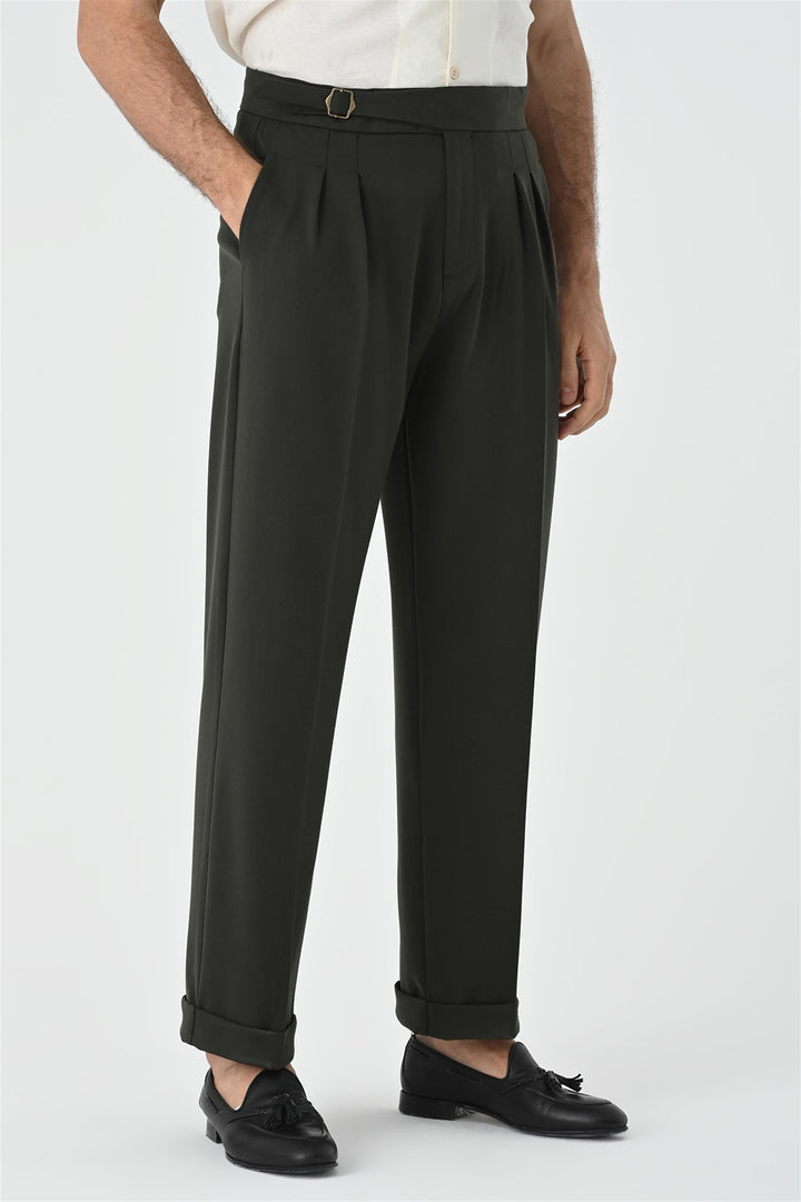 Men's Khaki Buckle Detailed Pleated High Waist  Trousers - Wessi