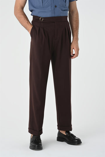 Men's Brown Buckle Detailed Pleated High Waist  Trousers - Wessi