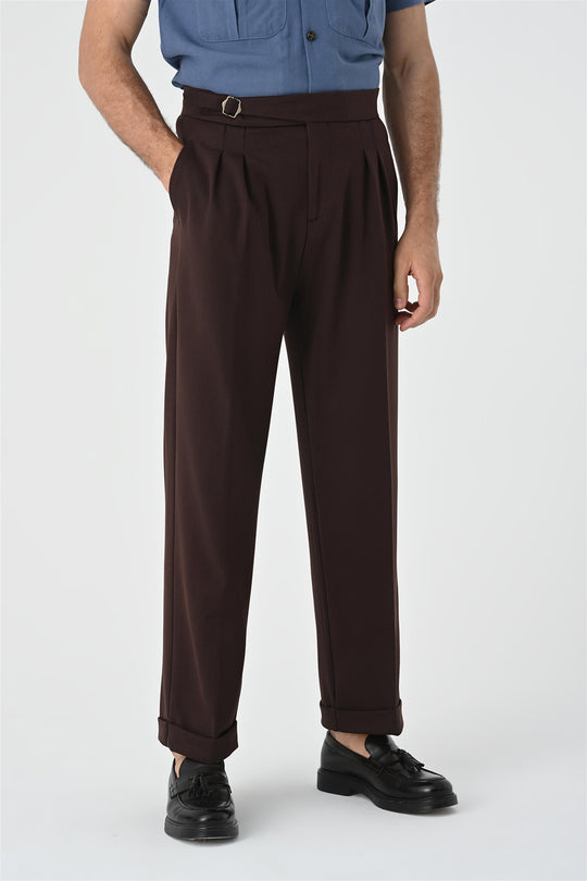 Men's Brown Buckle Detailed Pleated High Waist  Trousers - Wessi