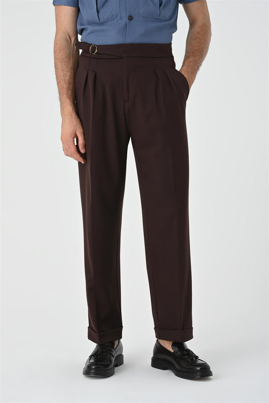 Men's Brown Buckle Detailed Pleated High Waist  Trousers - Wessi