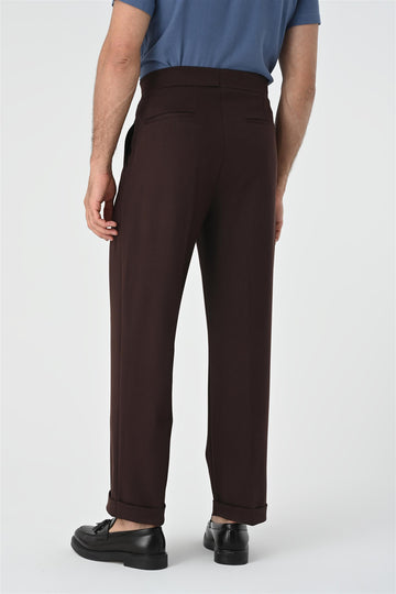 Men's Brown Buckle Detailed Pleated High Waist  Trousers - Wessi