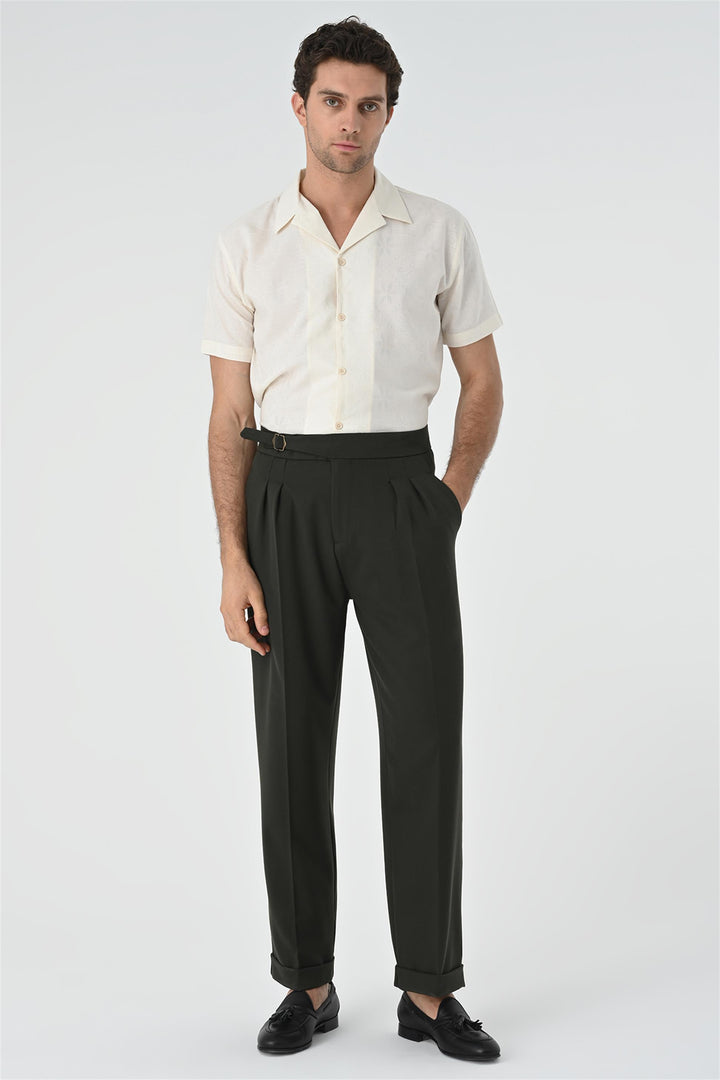 Men's Khaki Buckle Detailed Pleated High Waist  Trousers - Wessi