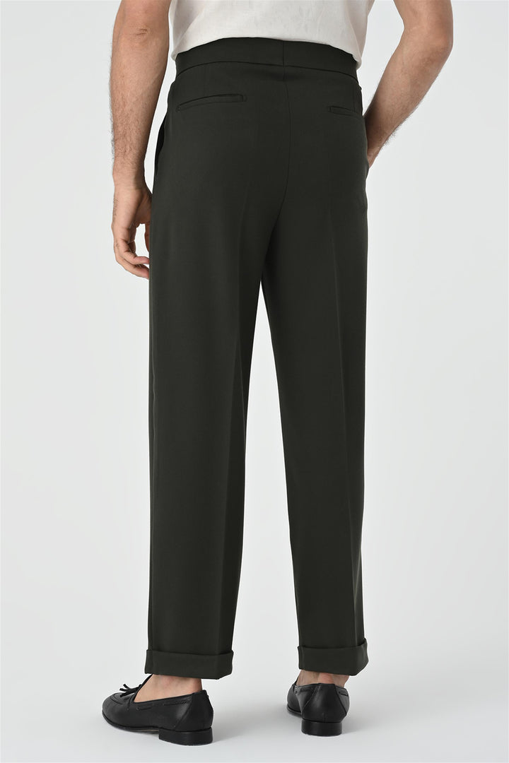 Men's Khaki Buckle Detailed Pleated High Waist  Trousers - Wessi