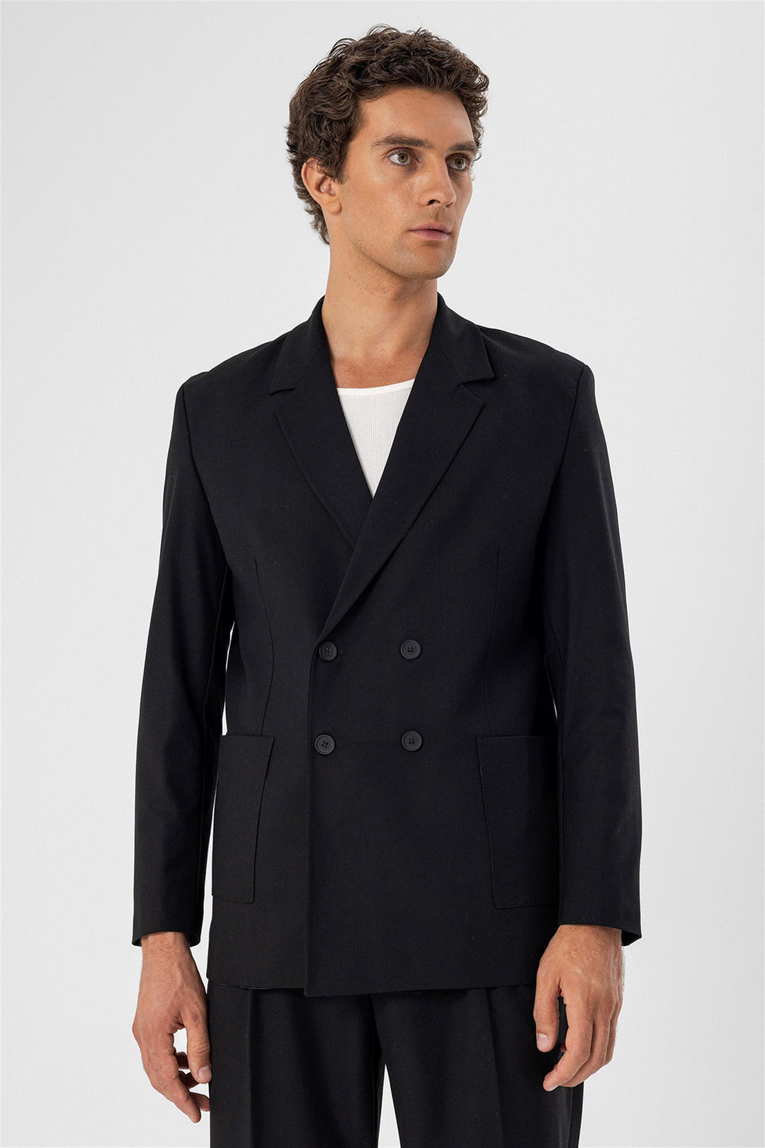 Men's Black Double Breasted  Blazer Jacket with Bag Pocket - Wessi