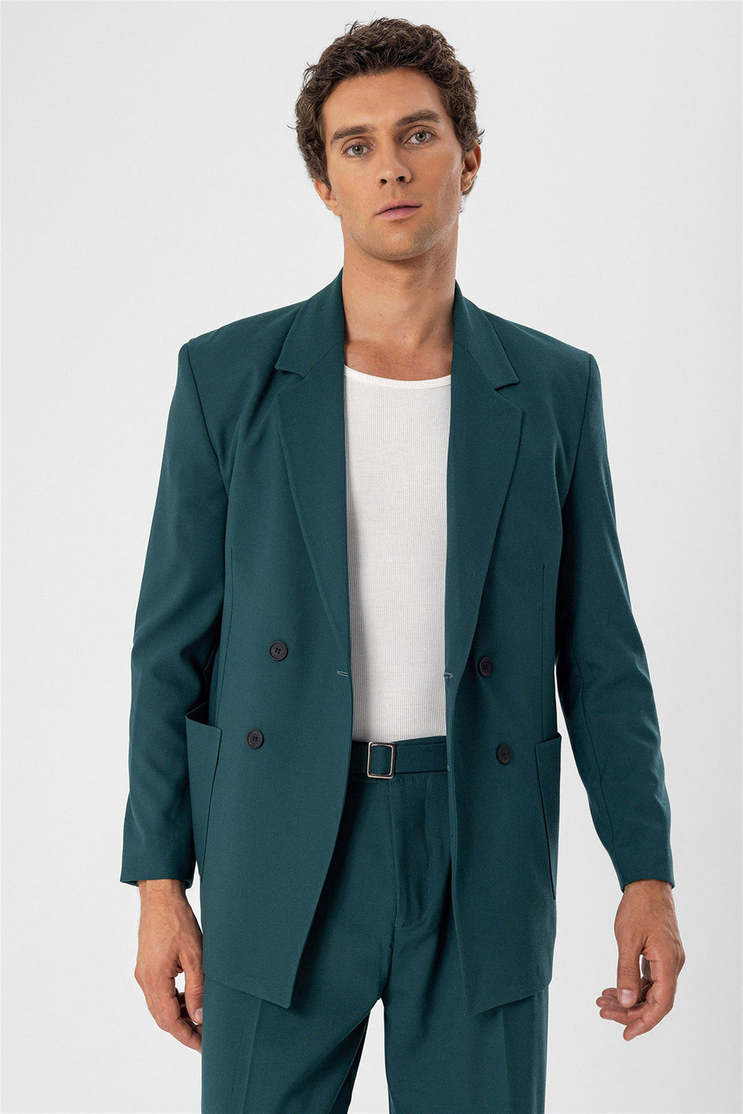 Men's Green Double Breasted  Blazer Jacket with Bag Pocket - Wessi