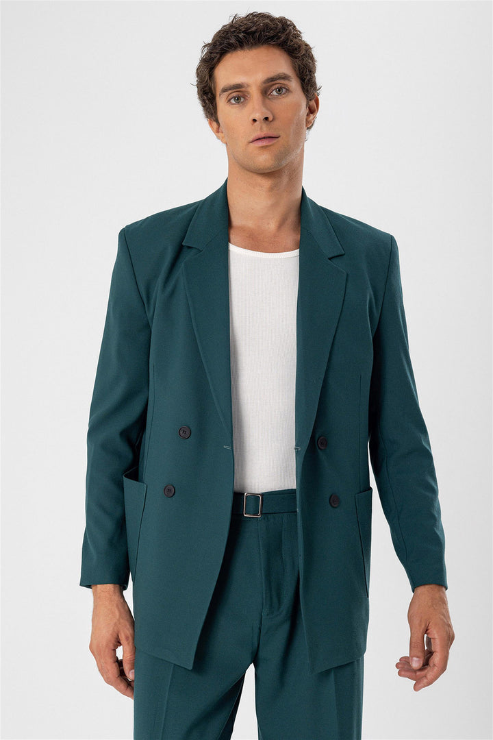 Men's Green Double Breasted  Blazer Jacket with Bag Pocket - Wessi