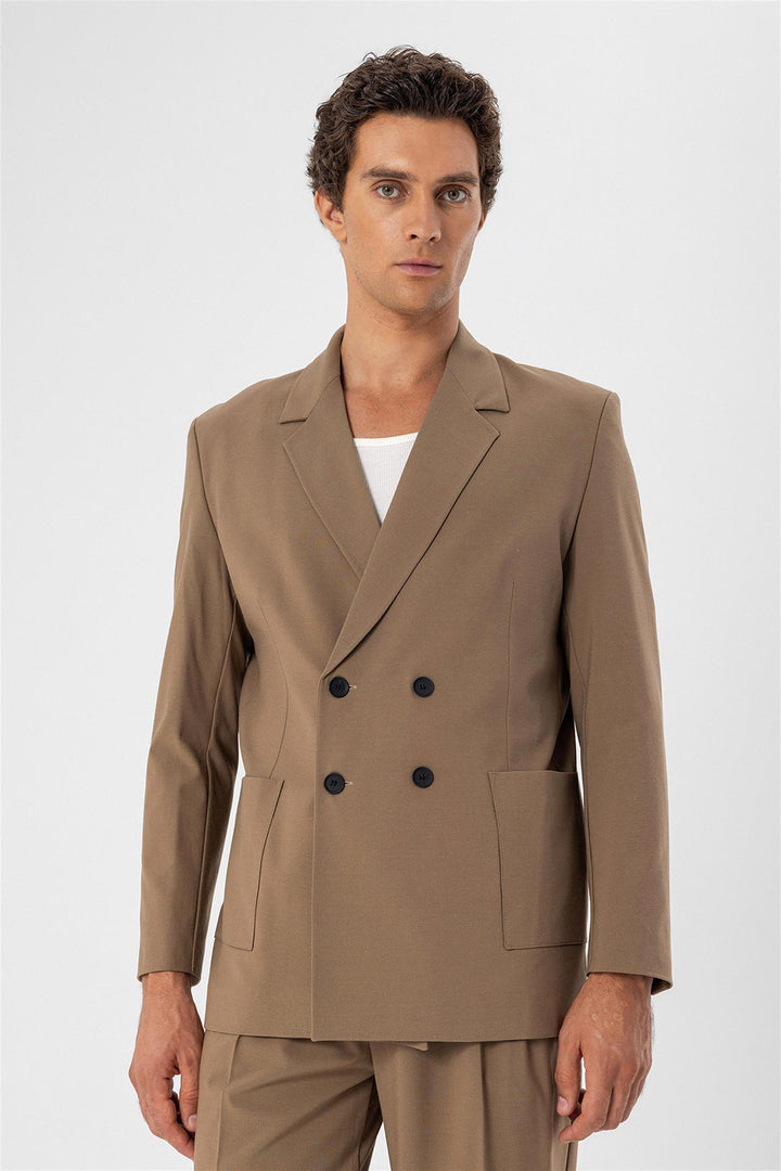 Men's Camel Double Breasted  Blazer Jacket with Bag Pocket - Wessi
