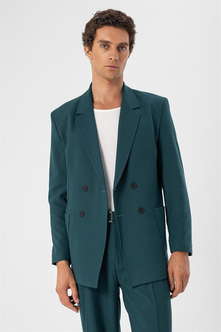Men's Green Double Breasted  Blazer Jacket with Bag Pocket - Wessi