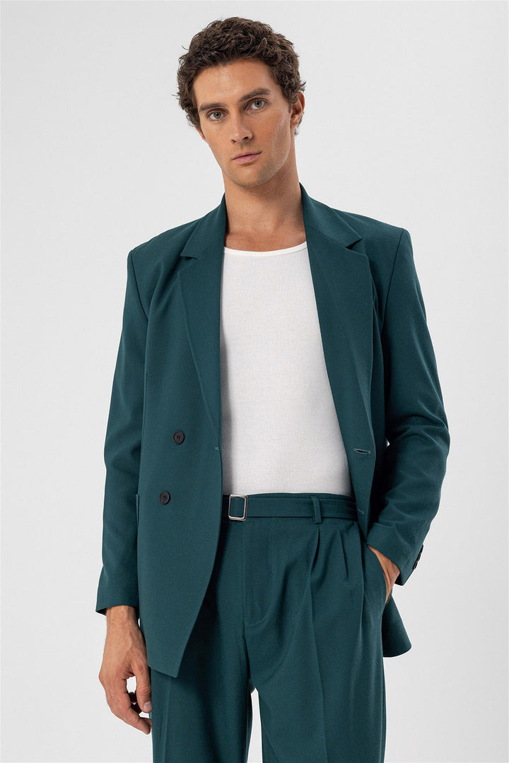 Men's Green Double Breasted  Blazer Jacket with Bag Pocket - Wessi