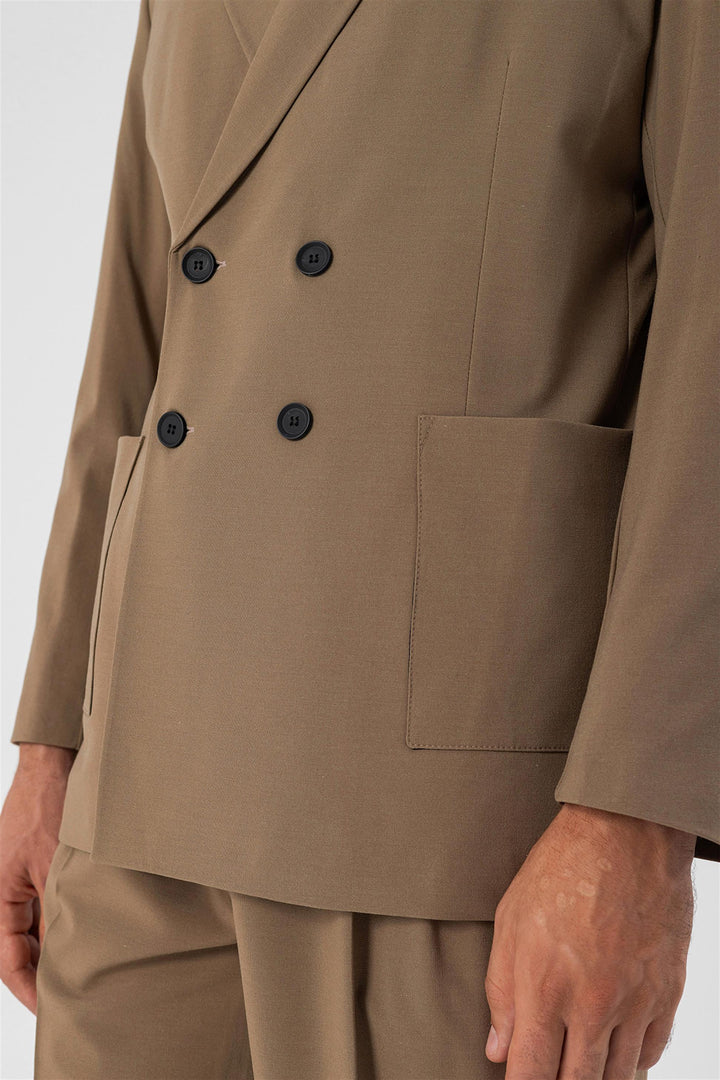 Men's Camel Double Breasted  Blazer Jacket with Bag Pocket - Wessi