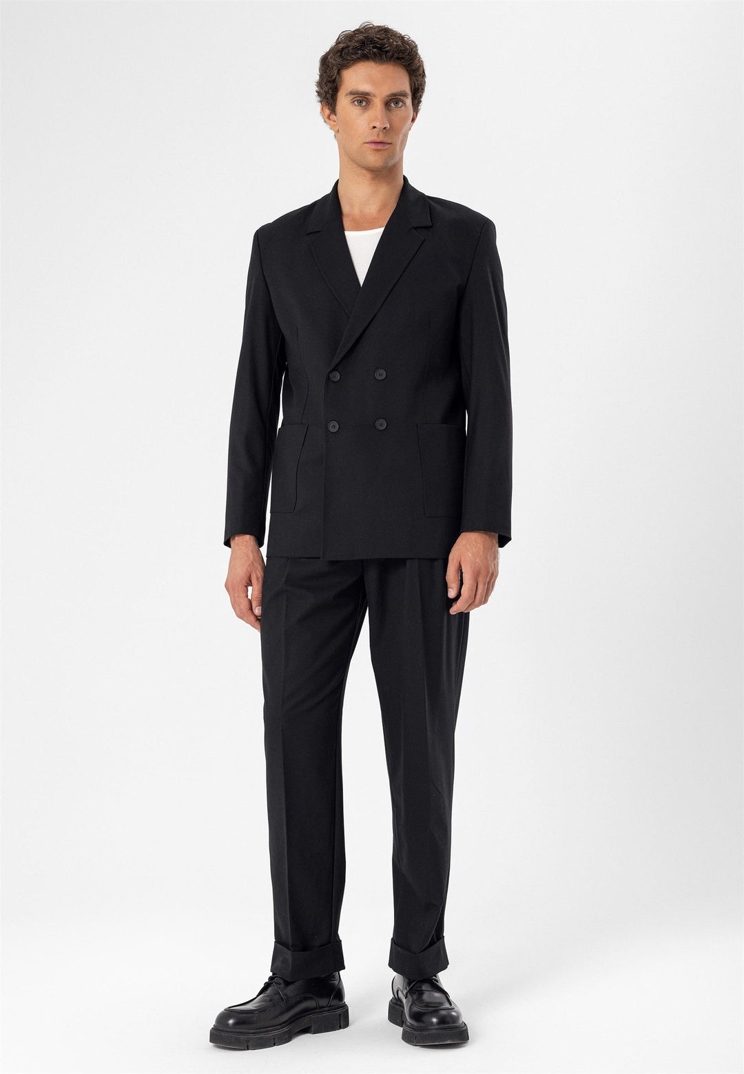 Men's Black Double Breasted  Blazer Jacket with Bag Pocket - Wessi