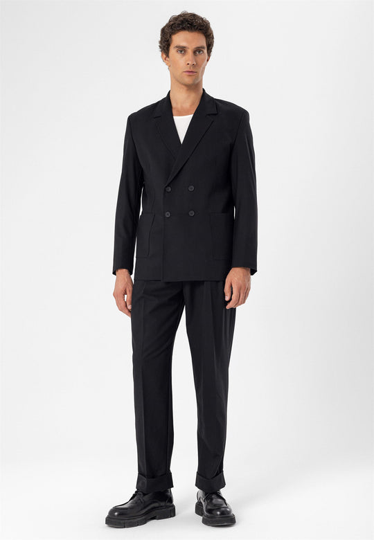 سترة سوداء مزدوجة الصدر للرجال مع جيب حقيبة - ويسي