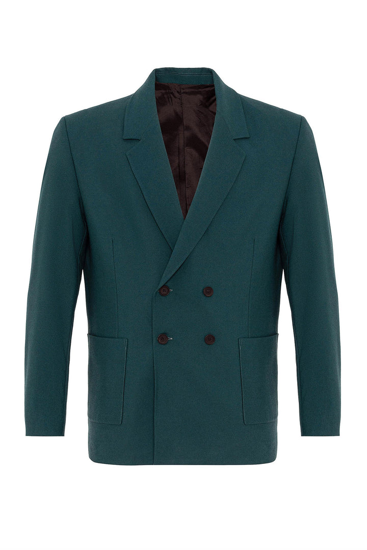 Men's Green Double Breasted  Blazer Jacket with Bag Pocket - Wessi