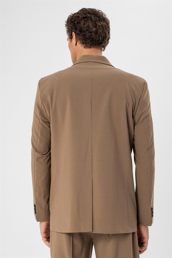 Men's Camel Double Breasted  Blazer Jacket with Bag Pocket - Wessi