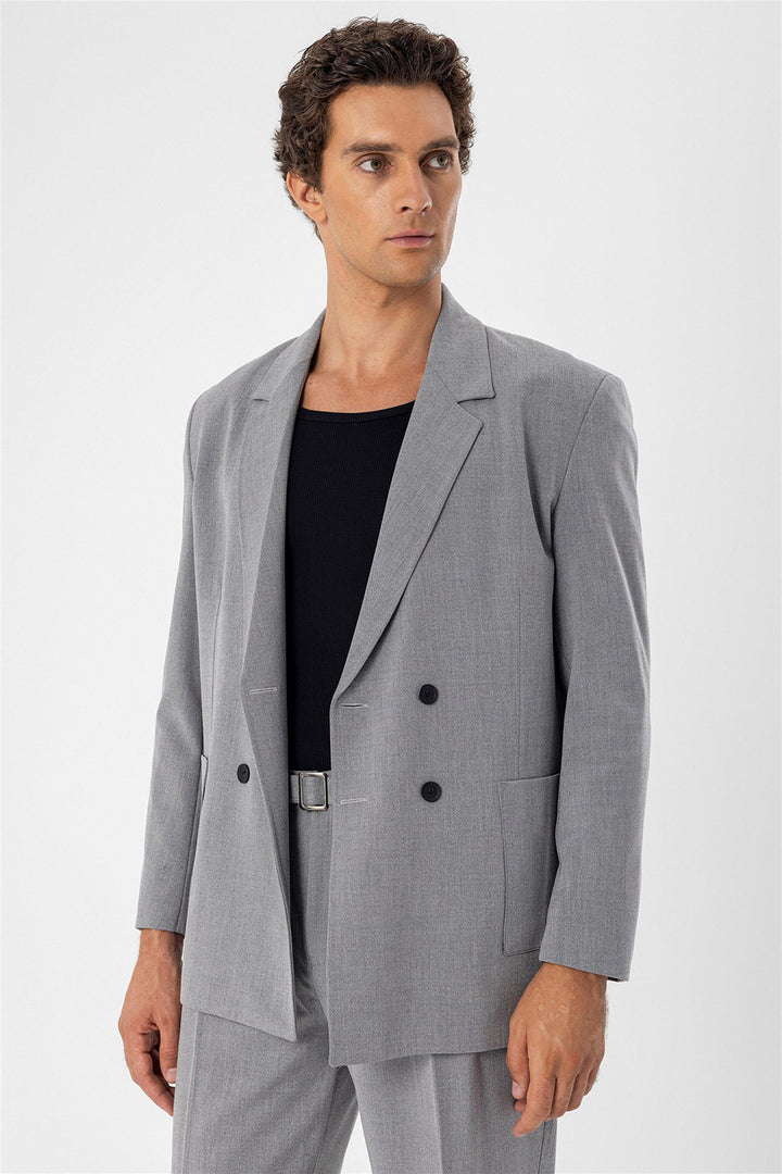 Men's Grey Double Breasted  Blazer Jacket with Bag Pocket - Wessi