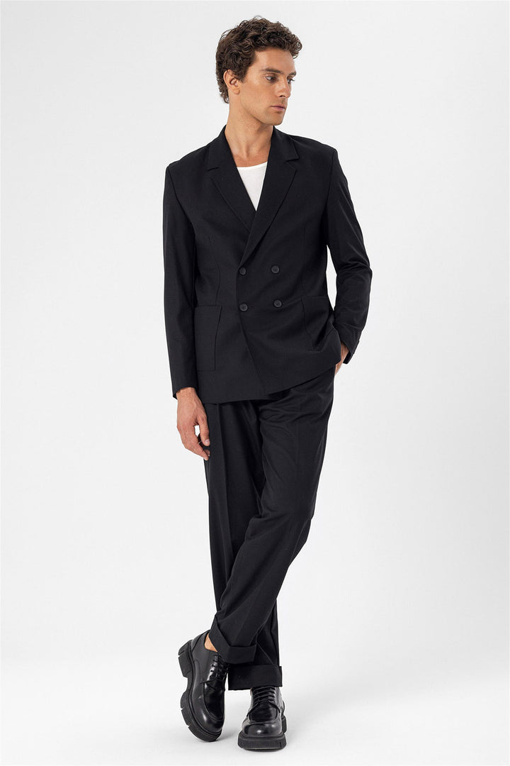 Men's Black Double Breasted  Blazer Jacket with Bag Pocket - Wessi