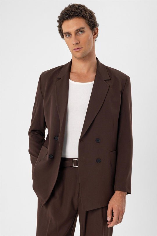 Veste Blazer Homme Marron Double Boutonnage avec Poche Sac - Wessi