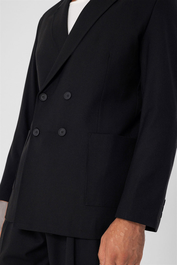 Men's Black Double Breasted  Blazer Jacket with Bag Pocket - Wessi