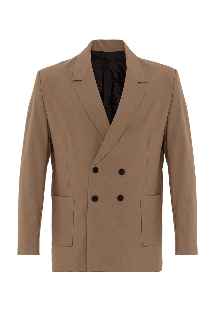 Men's Camel Double Breasted  Blazer Jacket with Bag Pocket - Wessi
