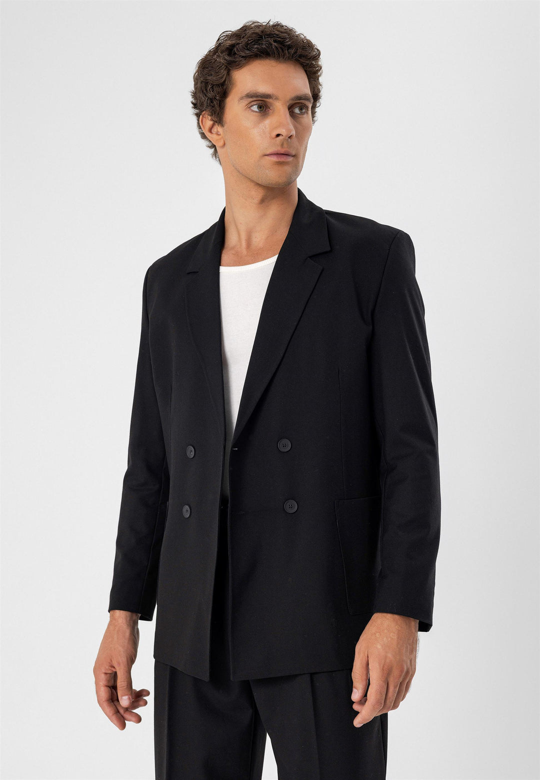 Men's Black Double Breasted  Blazer Jacket with Bag Pocket - Wessi