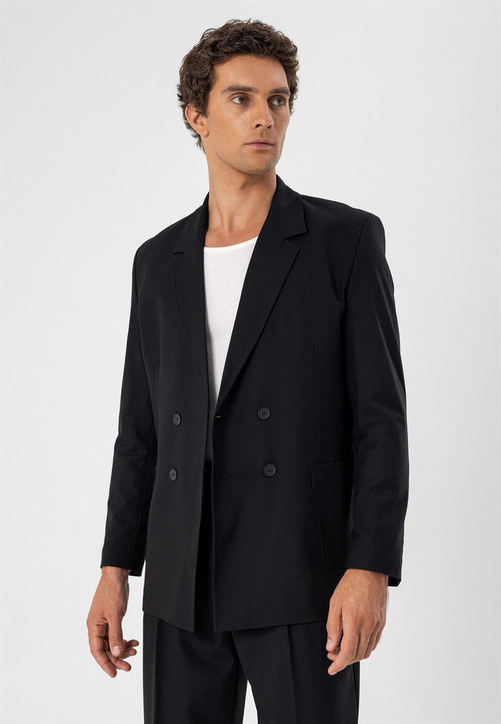 Men's Black Double Breasted  Blazer Jacket with Bag Pocket - Wessi