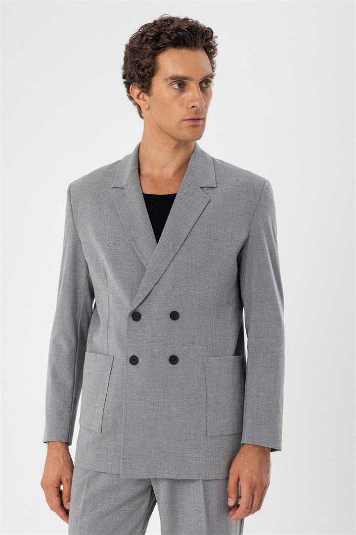 Men's Grey Double Breasted  Blazer Jacket with Bag Pocket - Wessi