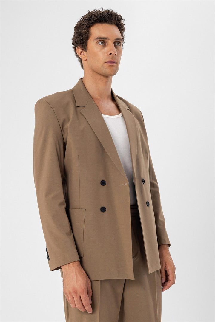 Men's Camel Double Breasted  Blazer Jacket with Bag Pocket - Wessi