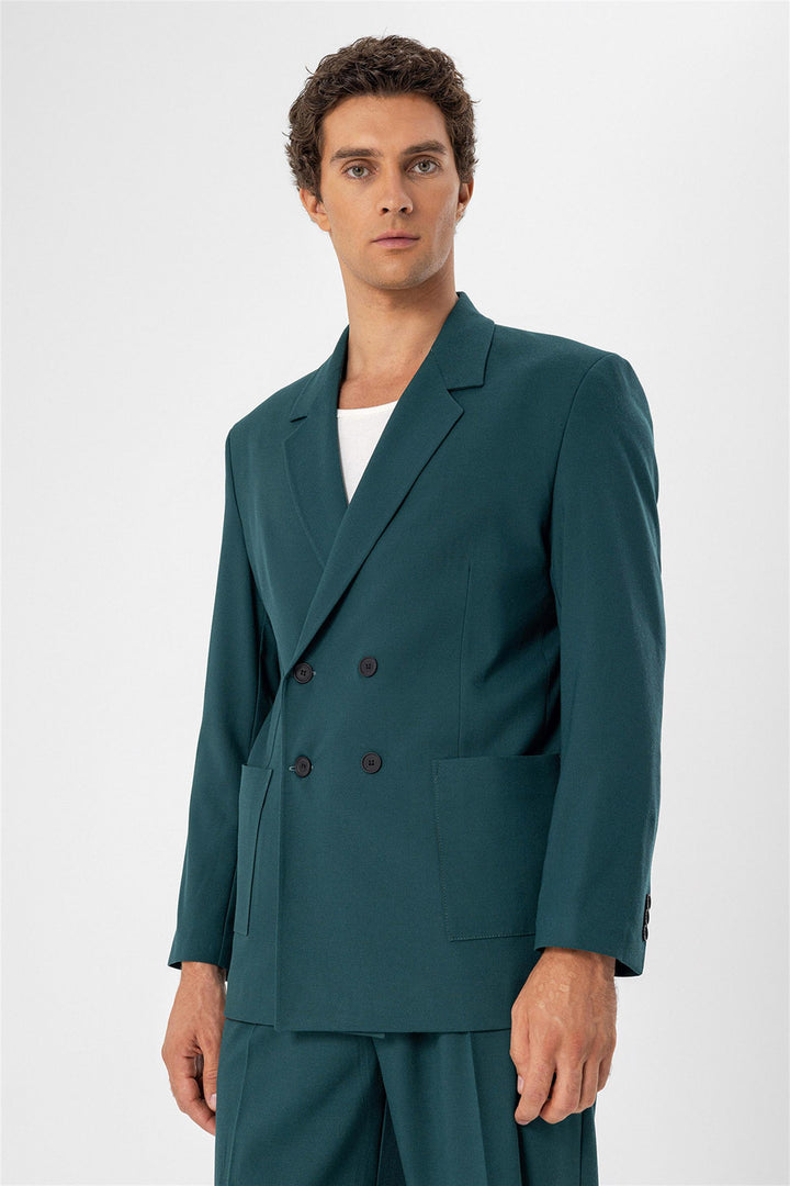 Men's Green Double Breasted  Blazer Jacket with Bag Pocket - Wessi