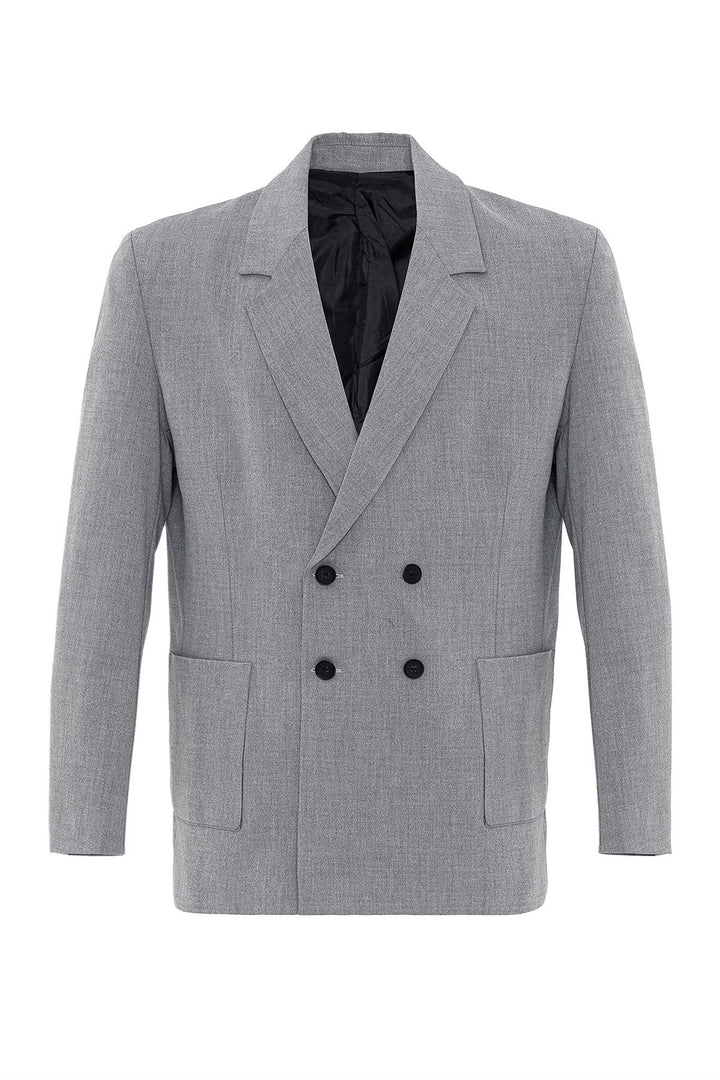 Men's Grey Double Breasted  Blazer Jacket with Bag Pocket - Wessi