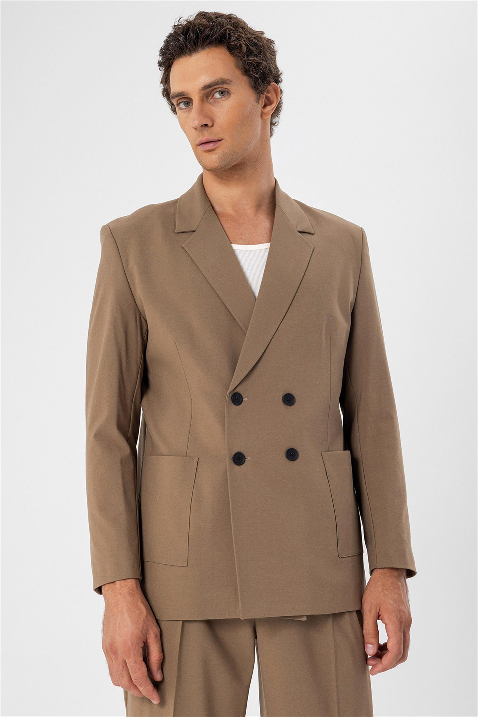 Men s Camel Double Breasted Blazer Jacket with Bag Pocket Wessi