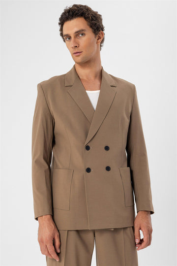 Veste Blazer Homme Camel Double Boutonnage avec Poche Sac - Wessi