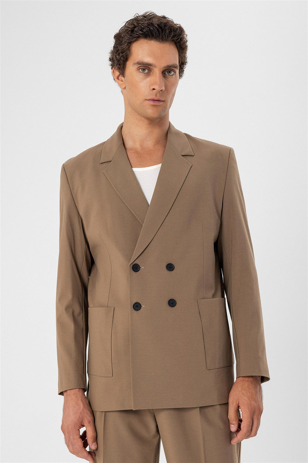 Men's Camel Double Breasted  Blazer Jacket with Bag Pocket - Wessi