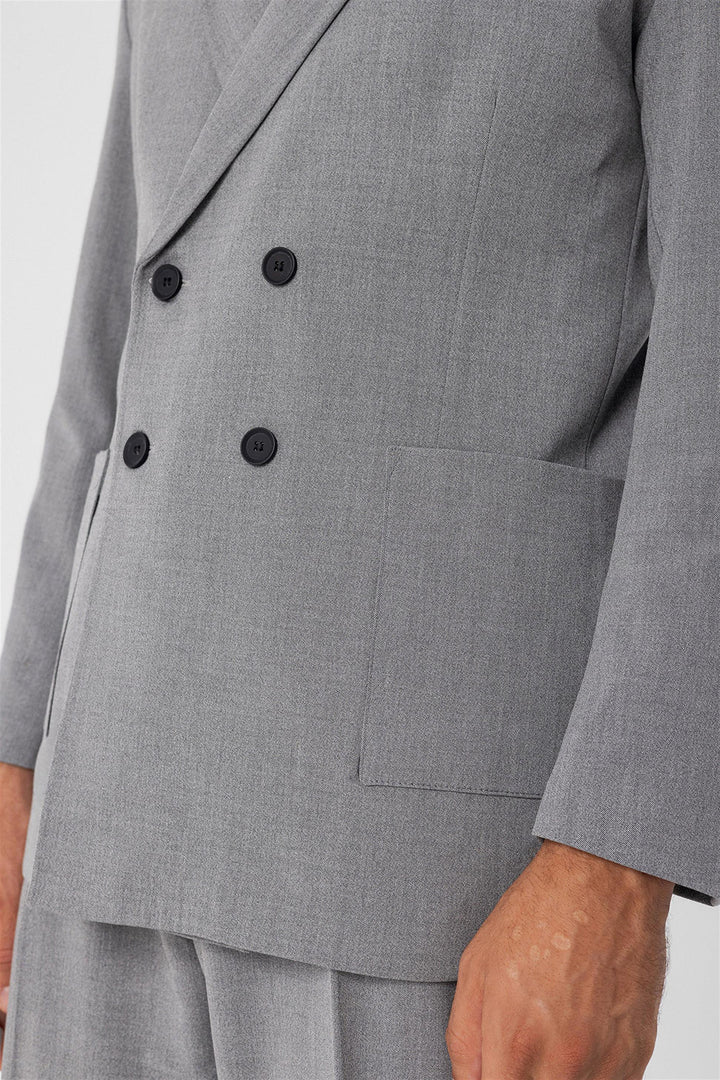 Men's Grey Double Breasted  Blazer Jacket with Bag Pocket - Wessi