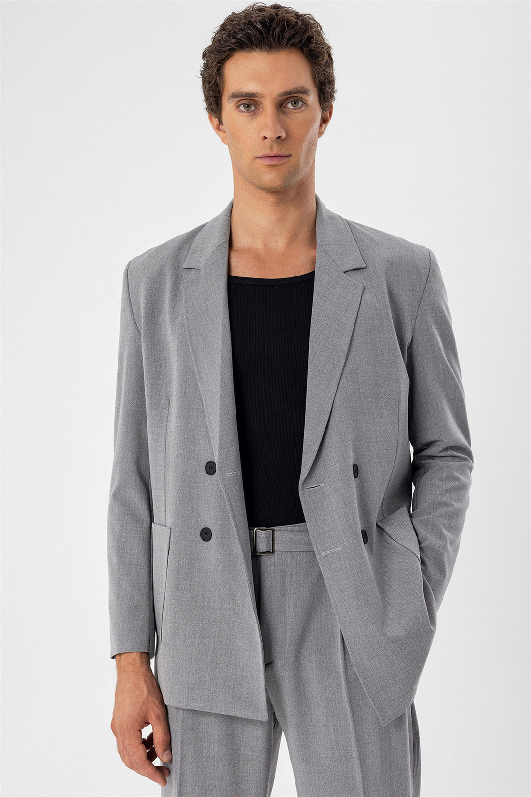 Men's Grey Double Breasted  Blazer Jacket with Bag Pocket - Wessi