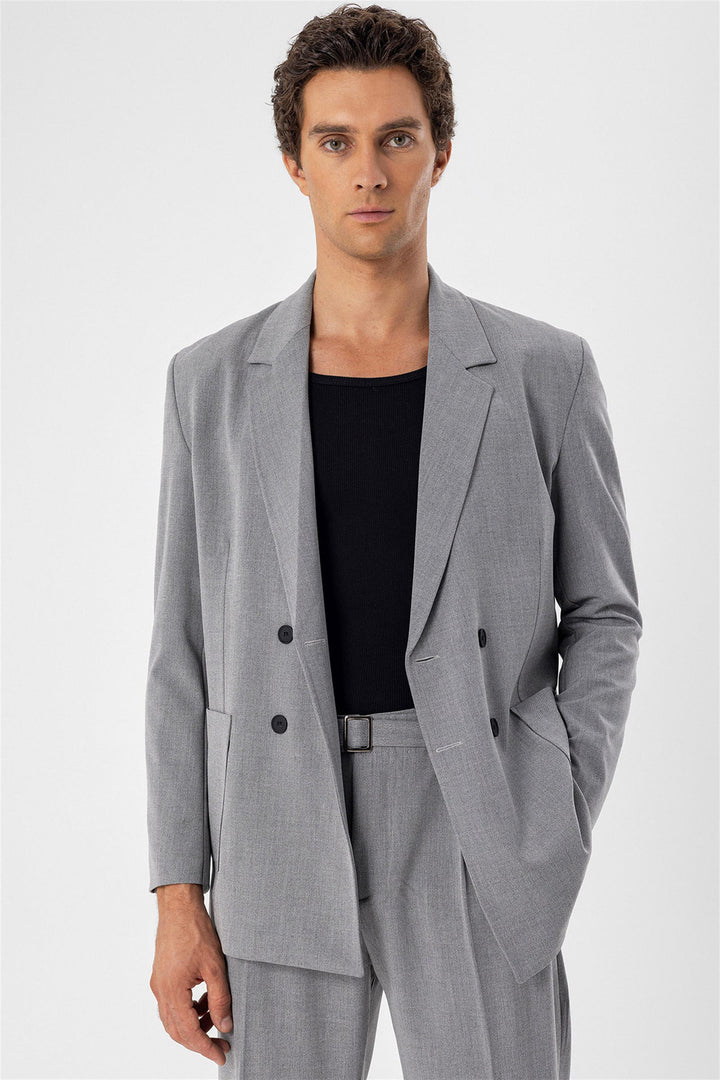 Men's Grey Double Breasted  Blazer Jacket with Bag Pocket - Wessi