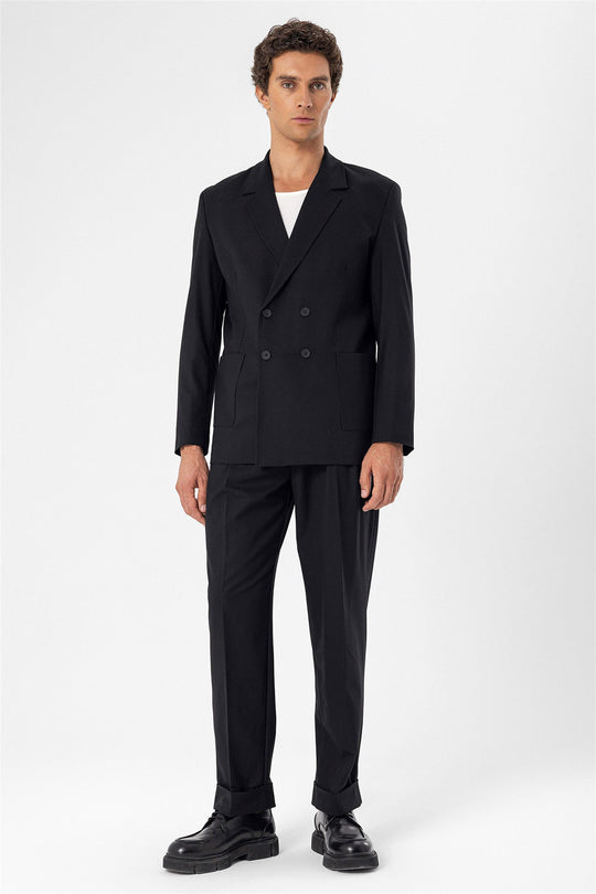 سترة سوداء مزدوجة الصدر للرجال مع جيب حقيبة - ويسي