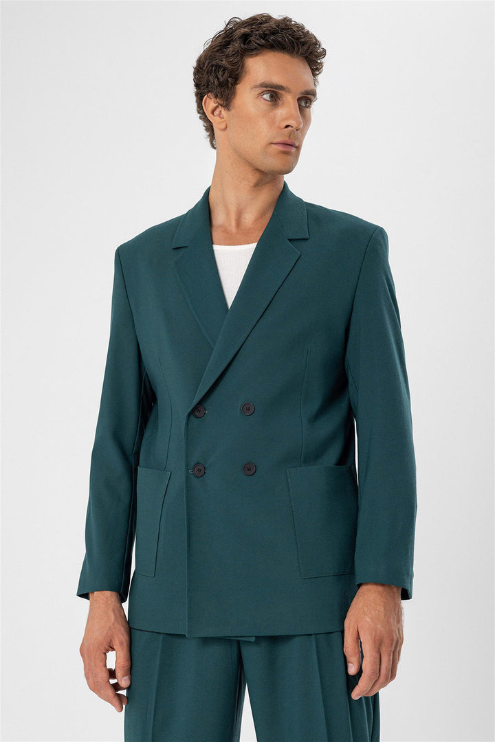 Men's Green Double Breasted  Blazer Jacket with Bag Pocket - Wessi