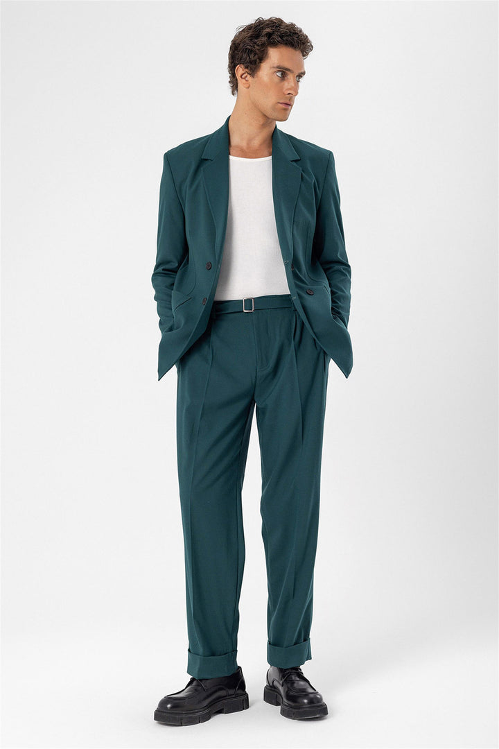 Men's Green Double Breasted  Blazer Jacket with Bag Pocket - Wessi