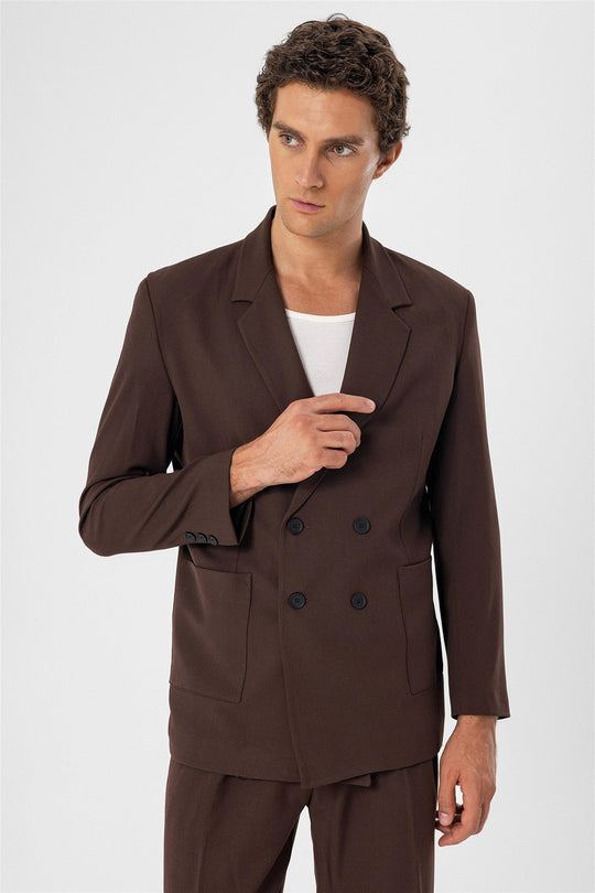 Veste Blazer Homme Marron Double Boutonnage avec Poche Sac - Wessi