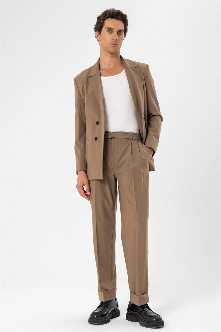 Men's Camel Double Breasted  Blazer Jacket with Bag Pocket - Wessi
